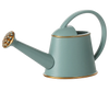 The Maileg Watering Can, Mouse - Light Blue features a long spout, gold accents on the rim, base, and spout, plus a rounded top handle—an adorable accessory for your next mouse play scene.