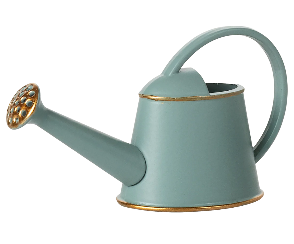 The Maileg Watering Can, Mouse - Light Blue features a long spout, gold accents on the rim, base, and spout, plus a rounded top handle—an adorable accessory for your next mouse play scene.