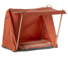 The Maileg Happy Camper Tent - Rust is a foldable, portable pet tent with wooden supports and an open front. Inside, it features a striped cushion, making it ideal for any sleepover.