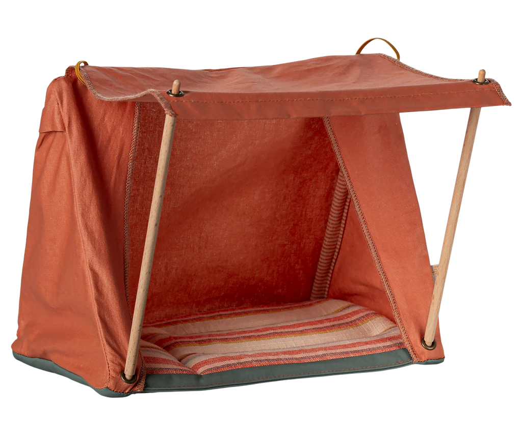 The Maileg Happy Camper Tent - Rust is a foldable, portable pet tent with wooden supports and an open front. Inside, it features a striped cushion, making it ideal for any sleepover.