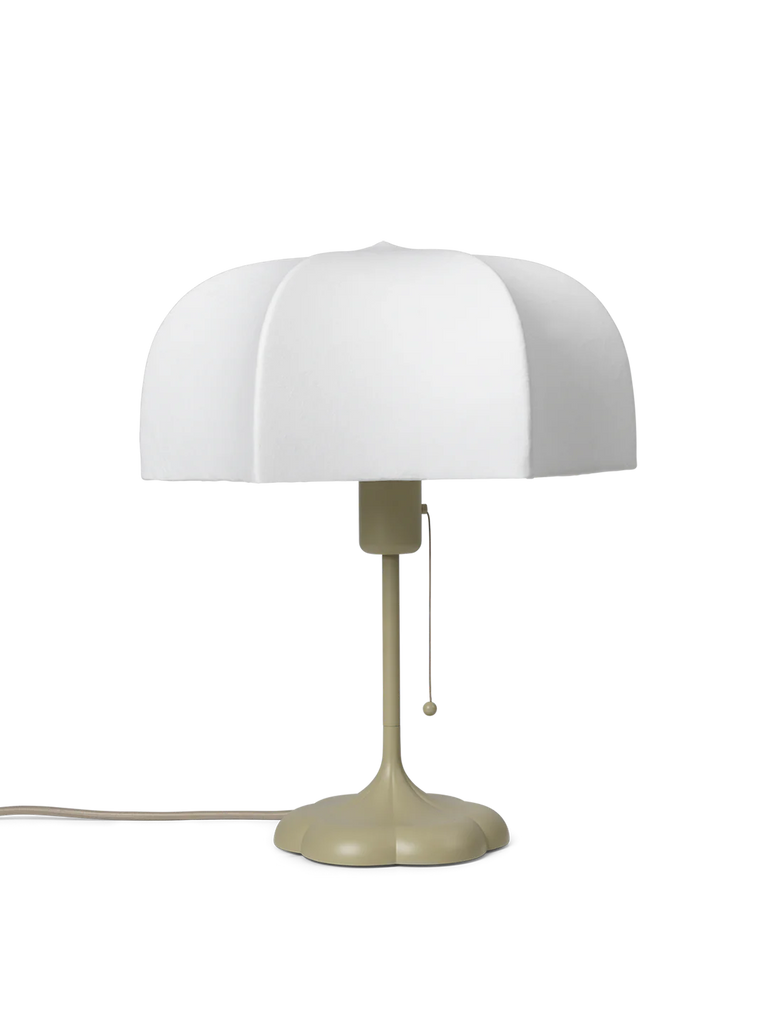 Introducing the Poem Table Lamp - White/Cashmere, featuring a modern design with a beige base and a mushroom-shaped, white translucent shade. It elegantly graces any flat surface, with its cord subtly extending like a line of prose.