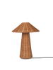 A Ferm Living Dou Table Lamp - Natural with an elongated, cylindrical base and a broad, cone-shaped shade, set against a solid black background.