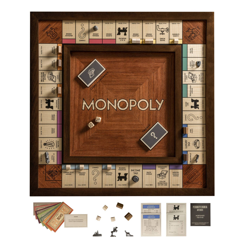 The Monopoly Heirloom Edition features a wooden board set in a walnut cabinet, with cards, dice, deeds, tokens, and paper money. This classic collector's item showcases spaces, Community Chest, Chance cards, and corner squares for enthusiasts.