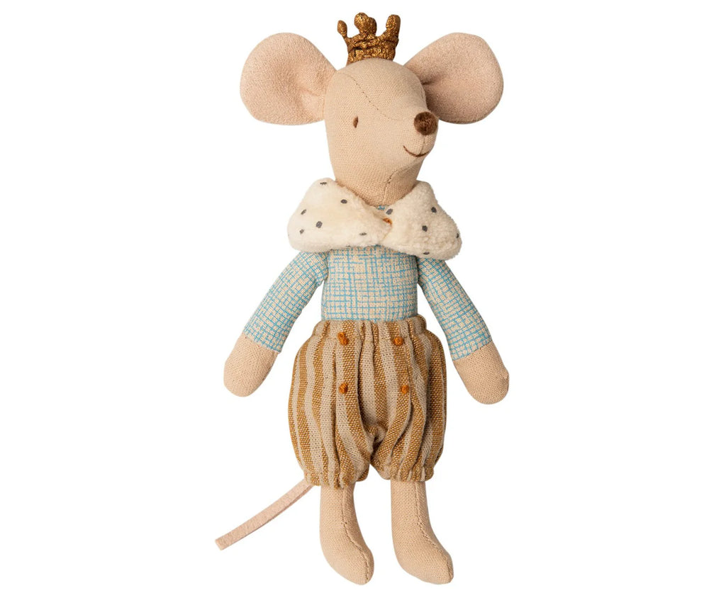 The Maileg Fairytale Set includes a stuffed toy mouse dressed in a crown, blue checkered shirt, polka-dot collar, and striped brown pants, capturing the whimsical charm of the Maileg Castle Hall. It's perfect for imaginative adventures with its soft tail and playful appearance.