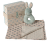 The Maileg Bunny Rattle Set - Mint includes a plush bunny toy, a soft floral-patterned baby blanket, and a bunny rattle in a decorative gift box labeled "bunny baby" with a bunny silhouette. The pastel color scheme enhances its gentle and soothing appearance.