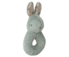 The Maileg Bunny Rattle Set in Mint features a soft, plush bunny made from gentle cotton with pale green fur. It includes long ears with a floral interior, a convenient grip hole, and a simple stitched face. Perfect for gifting as part of any nursery setup.