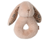 The Maileg Bunny Rattle Set - Powder is a plush baby toy made from soft cotton, shaped like a beige bunny with floral-patterned inner ears. Its looped bottom allows for easy gripping by small hands, making it a perfect gift set addition.