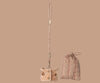A Maileg Plush Sleeping Bunny With Harness sits with a small beige plush pouch featuring buttons and a patterned strap, plus a pink and beige striped drawstring bag, all displayed on a solid beige background.