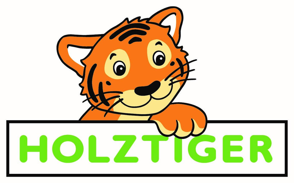 A cheerful cartoon tiger with orange fur, black stripes, and large eyes peeks over a white rectangle displaying "Alpaca - Holztiger" in bright green letters. This design embodies the charm of handcrafted wood figures made in Europe.