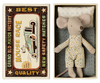 The Maileg Little Brother Mouse comes with polka dot pajamas, nestled in a matchbox-style bed featuring a blue knit blanket and polka dot pillow. The box depicts a vintage car and reads: "Grand Old Match Factory - Mouse Race - Best Quality New Safety Matches.