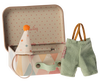 An open pastel suitcase with a polka dot interior holds tiny clothes, including a clown hat with pom-pom and green corduroy suspenders, tailored for Maileg items. Perfect for charming play like the "Maileg Little Brother Mouse With Extra Outfit & Suitcase.