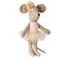 A plush toy mouse in a cream tutu and flower headband stands joyfully with a stitched smile. Imagine it next to the Maileg Living Room Set, creating an enchanting playroom scene.