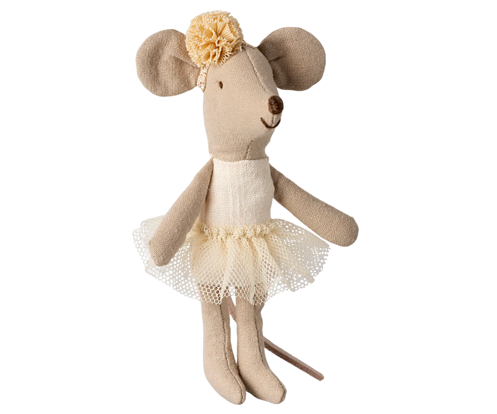 A plush toy mouse in a cream tutu and flower headband stands joyfully with a stitched smile. Imagine it next to the Maileg Living Room Set, creating an enchanting playroom scene.