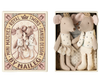 Two plush toy mice in crowns and royal outfits are nestled in a decorative box labeled "Maileg Dining Starter Set," featuring an illustration of the mice. This charming set includes small parts that may pose a choking hazard.