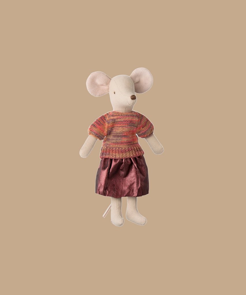 A plush toy mouse with Maileg's Skirt and Knitted Blouse for Mum Mouse is posed against a plain beige background. Ships in one week.