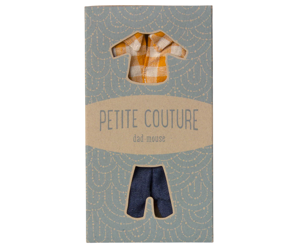 The "Maileg Yellow Checked Shirt and Pants For Dad Mouse" package includes chic toy mouse clothes: a yellow checked shirt and cotton viscose pants. It features a light blue, dotted box for charming presentation and ships in one week.