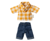 Maileg Yellow Checked Shirt and Pants for Dad Mouse, set against a crisp white background, ships in one week.