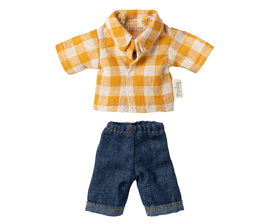 Maileg Yellow Checked Shirt and Pants for Dad Mouse, set against a crisp white background, ships in one week.