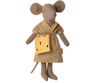 The Maileg Dress And Bag For Mum Mouse features a small checkered dress and a crossbody yellow cheese hole bag. With large ears and a long tail, it's ideal for whisker-twitching adventures. Ships in one week.