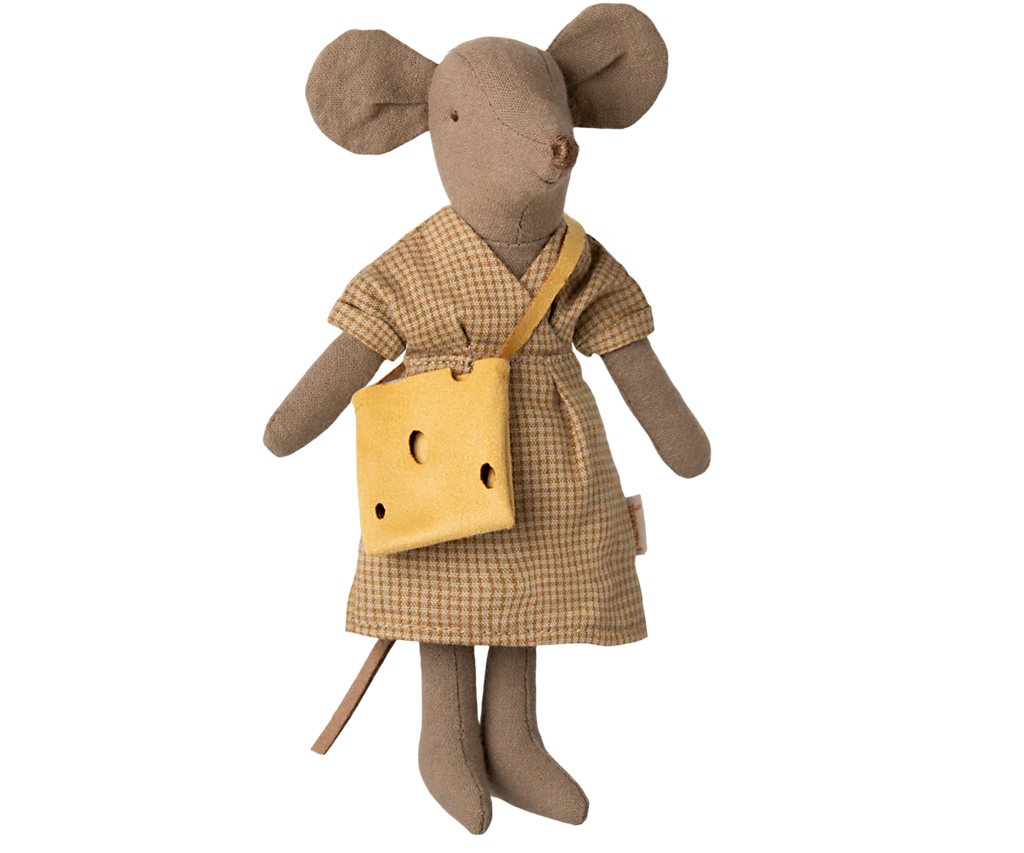 The Maileg Dress And Bag For Mum Mouse features a small checkered dress and a crossbody yellow cheese hole bag. With large ears and a long tail, it's ideal for whisker-twitching adventures. Ships in one week.