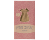 A pink box with scalloped patterns has a cut-out window displaying a small check dress and cheese hole bag. The text reads, "Petite Couture, mum mouse." Product: Maileg Dress And Bag For Mum Mouse (ships in one week).