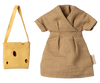 On a plain background, the Maileg Dress And Bag For Mum Mouse features a small-check dress adorning a tiny doll and a playful yellow felt cheese hole bag. These charming accessories evoke whimsical thoughts of mouse clothes and hidden treasures. Ships in one week.