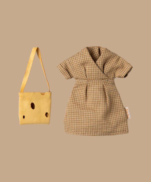 The Maileg Dress and Bag for Mum Mouse features a small check dress with short sleeves and a yellow felt cheese hole bag with strap, beautifully set against a plain beige background. Ships in one week.