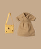 The Maileg Dress and Bag for Mum Mouse features a small check dress with short sleeves and a yellow felt cheese hole bag with strap, beautifully set against a plain beige background. Ships in one week.