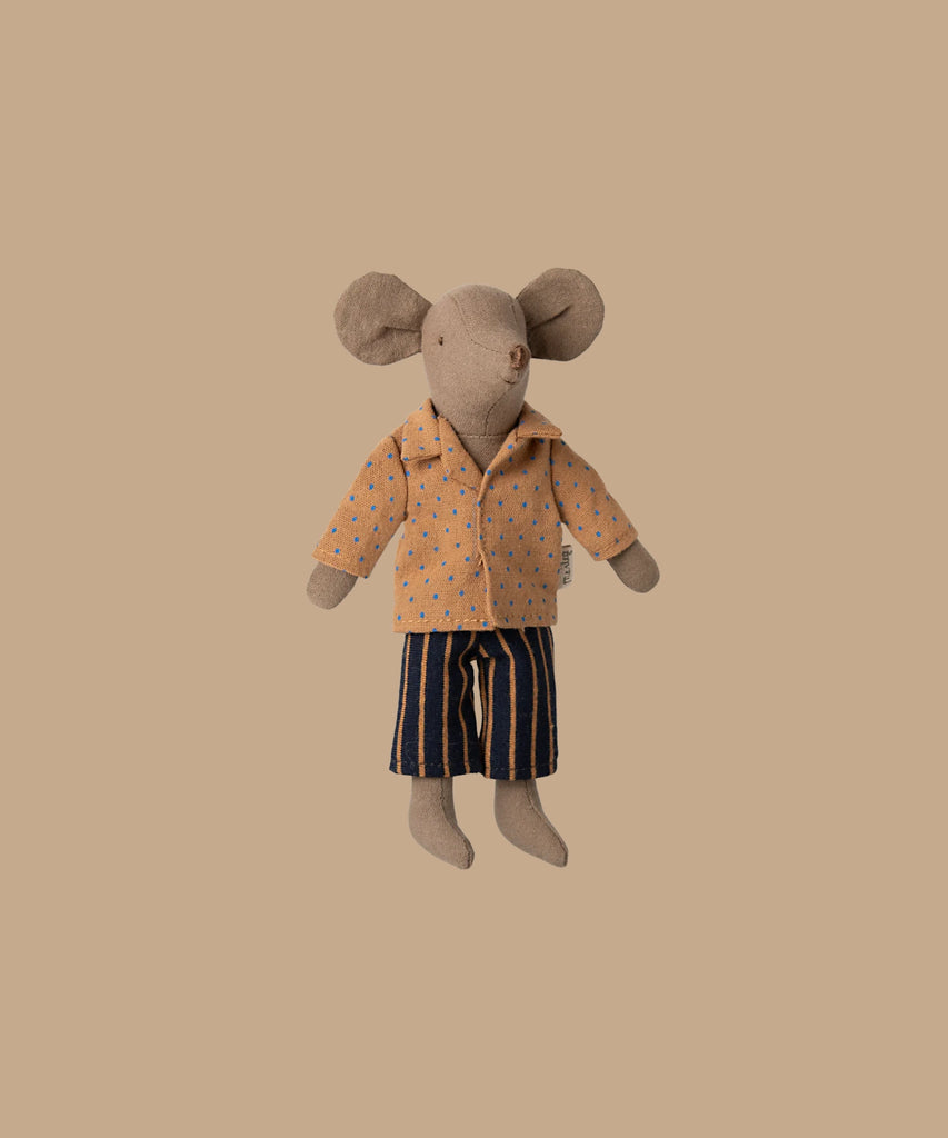 A Maileg fabric mouse doll for Dad wears a yellow floral button-up shirt and navy striped pants, set against a beige background. Ships in one week.