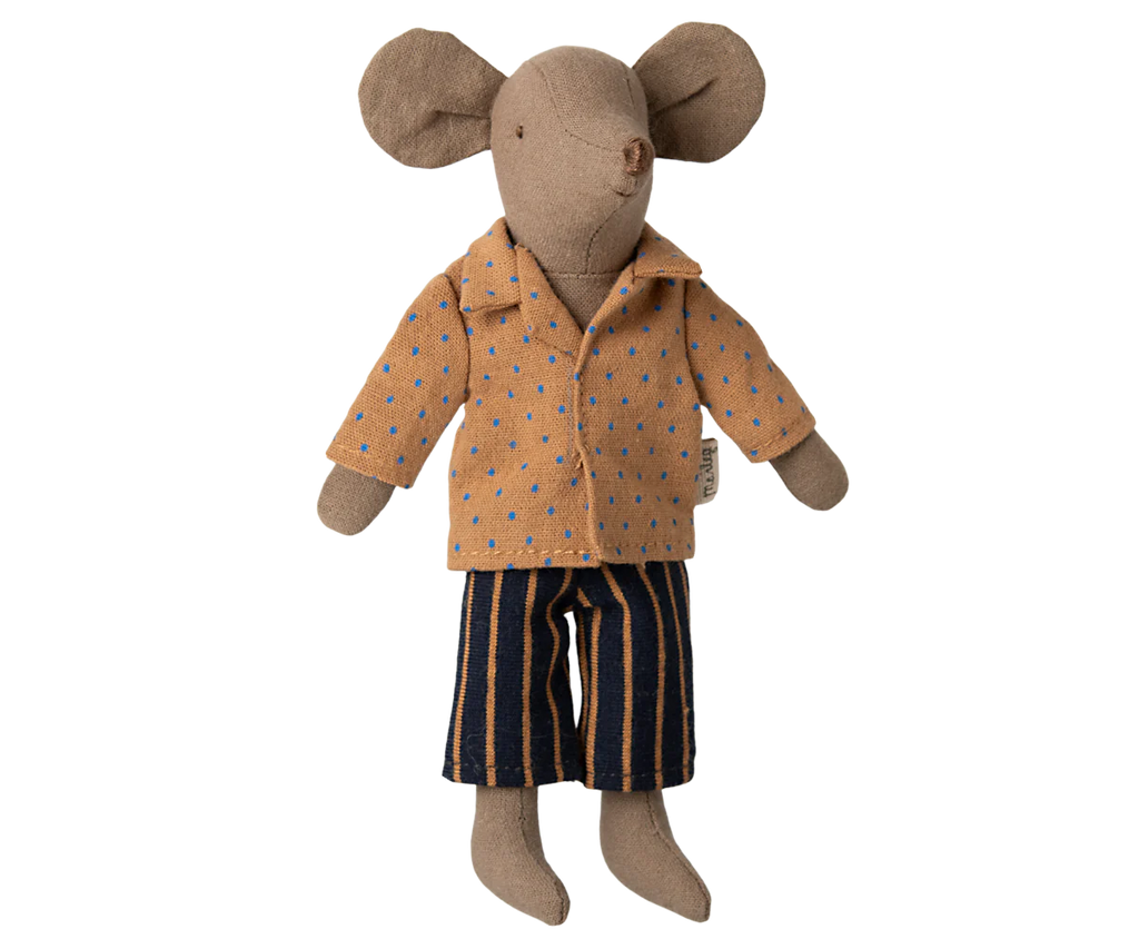 The Maileg Shirt And Striped Pants For Dad Mouse is a fabric doll with large ears, a simple stitched face, a light brown dotted shirt, and dark striped pants. Ships in one week.