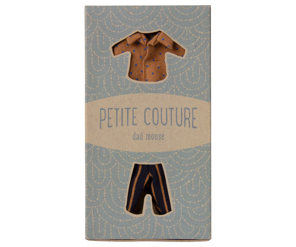 The "Maileg Shirt And Striped Pants For Dad Mouse" package features cute mouse attire, including a tiny brown dotted shirt and dark striped pants, against a charming patterned blue background. Ships in one week.