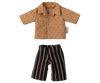 The Maileg Shirt and Striped Pants for Dad Mouse features a brown shirt with blue dots and short sleeves, paired with navy and brown vertically striped pants, making it an ideal mouse outfit. (Ships in one week.).