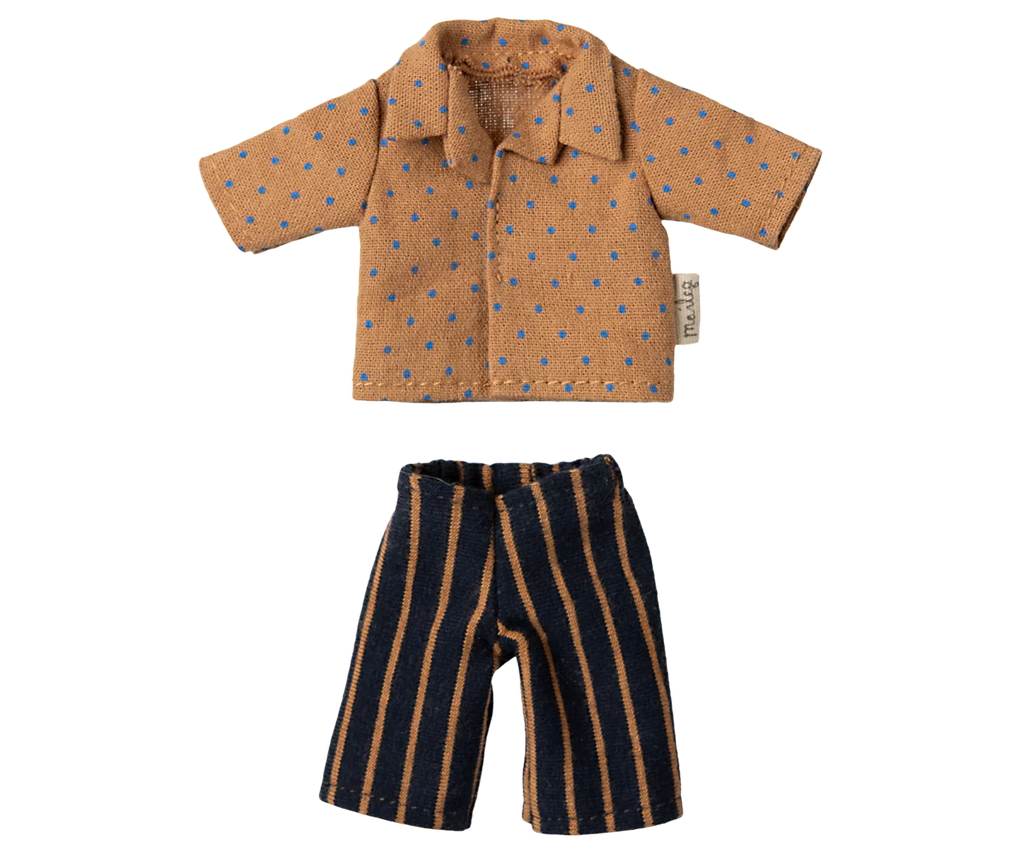 The Maileg Shirt and Striped Pants for Dad Mouse features a brown shirt with blue dots and short sleeves, paired with navy and brown vertically striped pants, making it an ideal mouse outfit. (Ships in one week.).