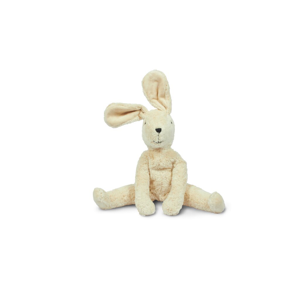 The Senger Naturwelt Stuffed Animal – White Bunny is a handmade plush rabbit crafted from organic cotton, sitting with long floppy ears and outstretched legs against a plain white background.