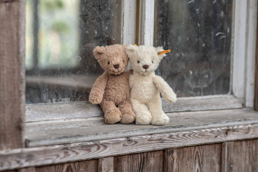 A Thommy Teddy Bear Brown Plush Toy, 8 inches tall, sits on a weathered wooden windowsill in front of an old, dusty window.