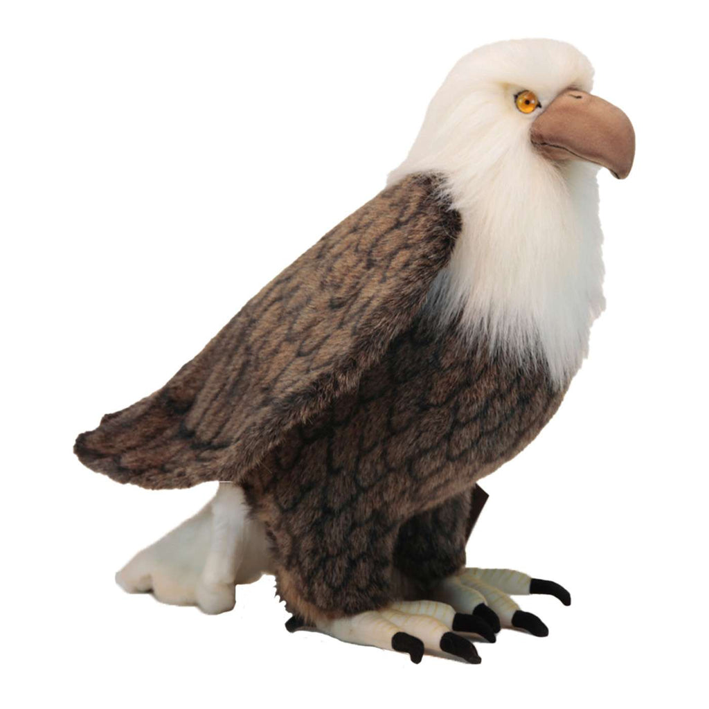 The American Eagle Stuffed Animal is a hand-sewn plush toy with realistic features, including brown and white feathers, a white head, a large light brown beak, yellow eyes, and black claws on its feet. It stands proudly on a white background.