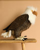 The American Eagle Stuffed Animal by HANSA Animals, with lifelike details like a white head, brown body, black talons, bright yellow eyes, and a prominent beak, is perched on a wooden stool against a beige background.