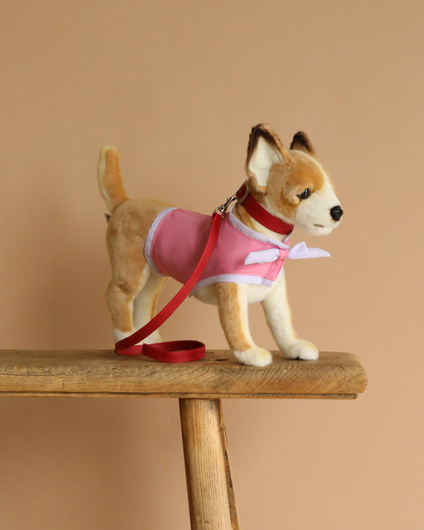 A Chihuahua with Coat & Leash stuffed animal, featuring realistic hand-sewn details, stands on a wooden bench against a beige background wearing a pink harness and red leash.