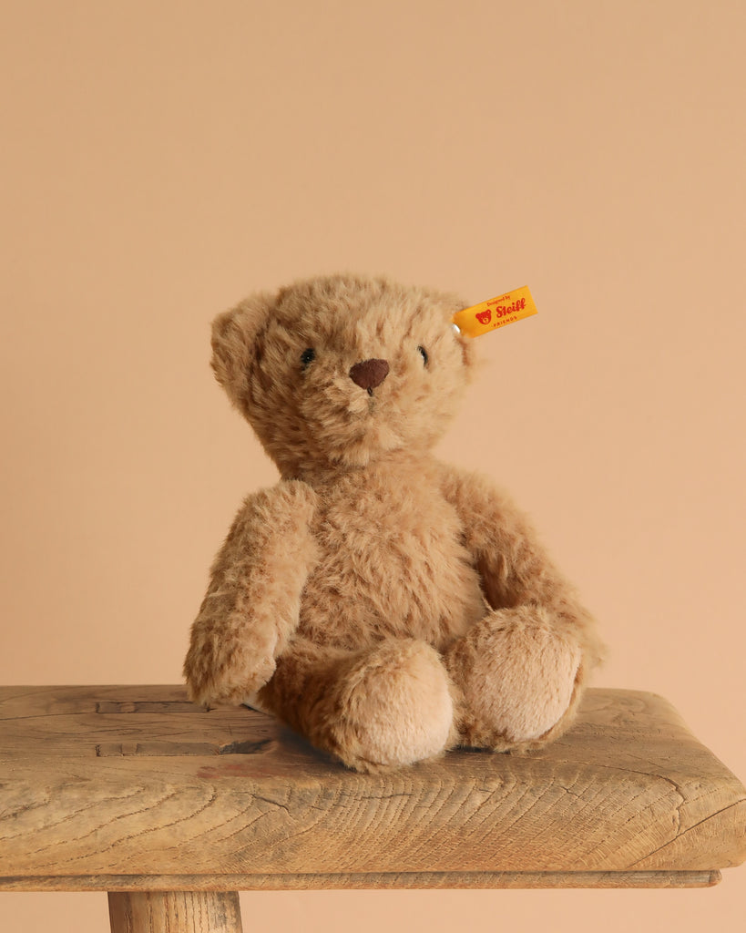 The Thommy Teddy Bear Brown Plush Toy, 8 inches, with a yellow "Steiff" ear tag, sits on a wooden surface against a beige background.
