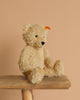 A Steiff Teddy Bear - 12", with a plush coat and stainless steel "Button in Ear," sits on a rustic wooden bench against a plain beige background.