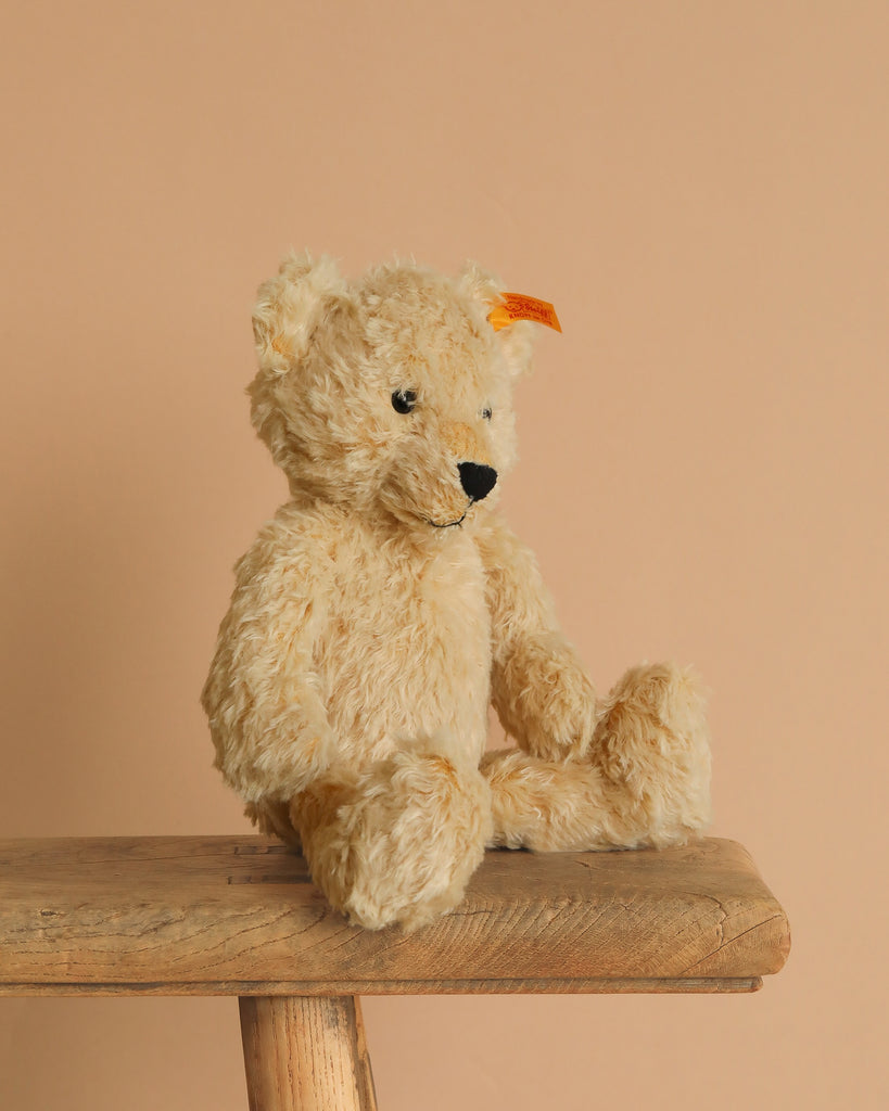 A Steiff Teddy Bear - 12", with a plush coat and stainless steel "Button in Ear," sits on a rustic wooden bench against a plain beige background.