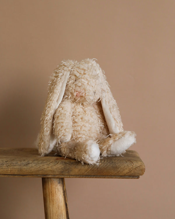Harey the Bunny, a fluffy, cream-colored stuffed animal with a vintage look, sits on a wooden bench against a beige background. With long ears and soft, textured fur, its charm is heightened by delicate embroidered features.
