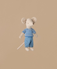 A Maileg Big Brother Mouse, dressed in a blue and white striped knitted sweater and blue pants, sits against a plain beige background. This plush toy features cotton clothes, large ears, and a long tail. The product ships in one week.
