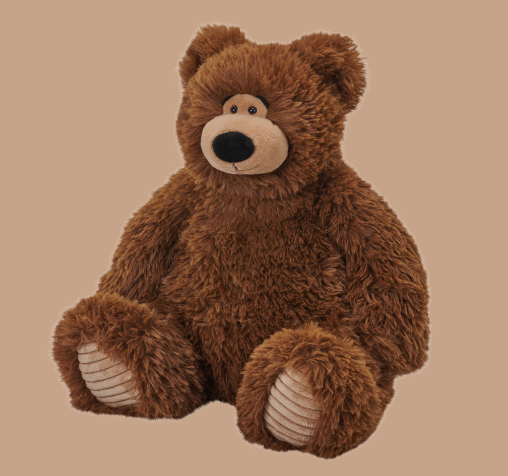The Snuggleluvs Brown Bear Weighted Stuffed Animal 15" is a fluffy, brown teddy with a beige snout and paws. Against a plain beige background, it sits upright with round black eyes and a large black nose, exuding a friendly expression.