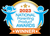 The 2023 National Parenting Product Awards logo has blue silhouettes of a girl and boy with a gold star above, and "Winner" on an orange banner at the bottom, celebrating excellence like treasured finds such as the Snuggleluvs Alpaca Weighted Stuffed Animal 15".
