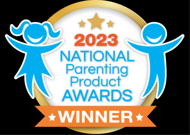 The 2023 National Parenting Product Awards logo has blue silhouettes of a girl and boy with a gold star above, and "Winner" on an orange banner at the bottom, celebrating excellence like treasured finds such as the Snuggleluvs Alpaca Weighted Stuffed Animal 15".