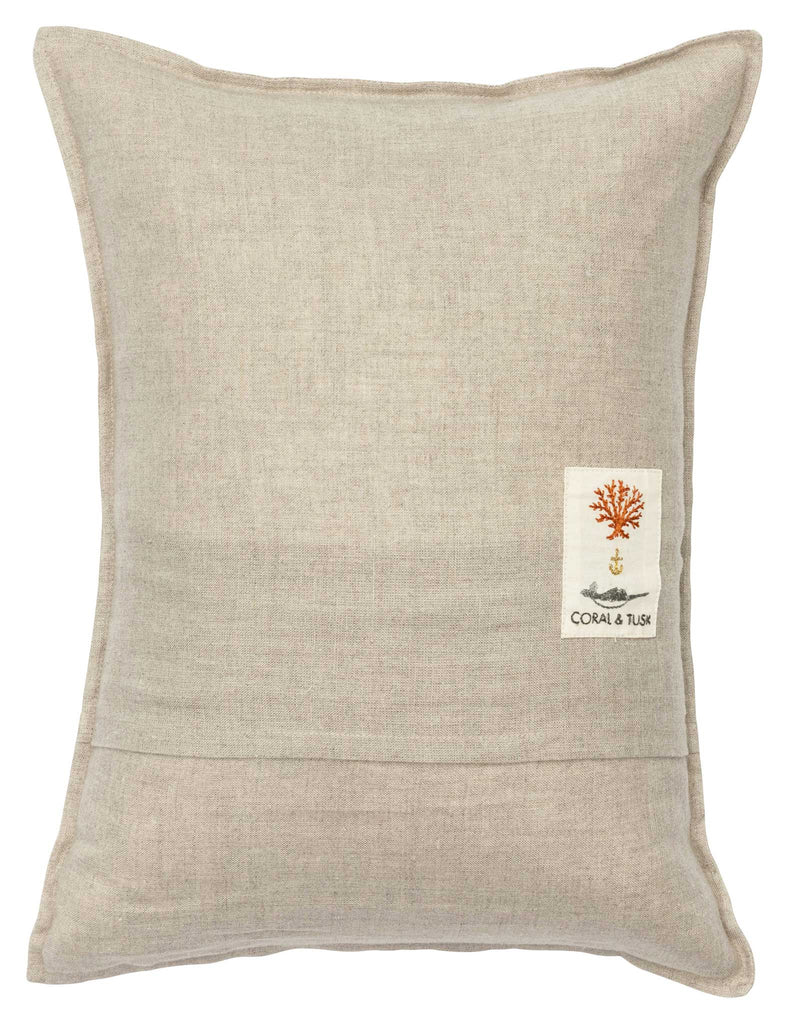 The Coral & Tusk Kitten Cameo Pillow, shipping in one week, is a chic beige square pillow resembling linen, adorned with an embroidered orange tree-like design and the charming text “Coral & Tusk.” Perfect for springtime elegance.