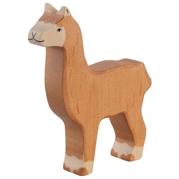 The HOLZTIGER "Alpaca" wooden toy, resembling handcrafted figures, faces left with a light brown body and white accents on ears, face, and feet. Its simple design includes a painted face with a small smile and black eyes. Made in Europe for lasting charm.