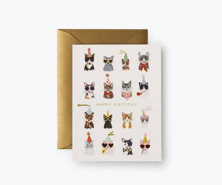 The Cool Cats Birthday Card showcases cute cats in party hats, sunglasses, and bow ties above "HAPPY BIRTHDAY" in gold foil. Includes a gold envelope and features a blank interior for your personal message.