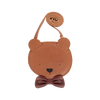 A small, circular Donsje Britta Exclusive Purse | Winter Bear designed to look like a grizzly bear's face, featuring ears and a bow tie, with an adjustable rolled leather strap, isolated on a white background.